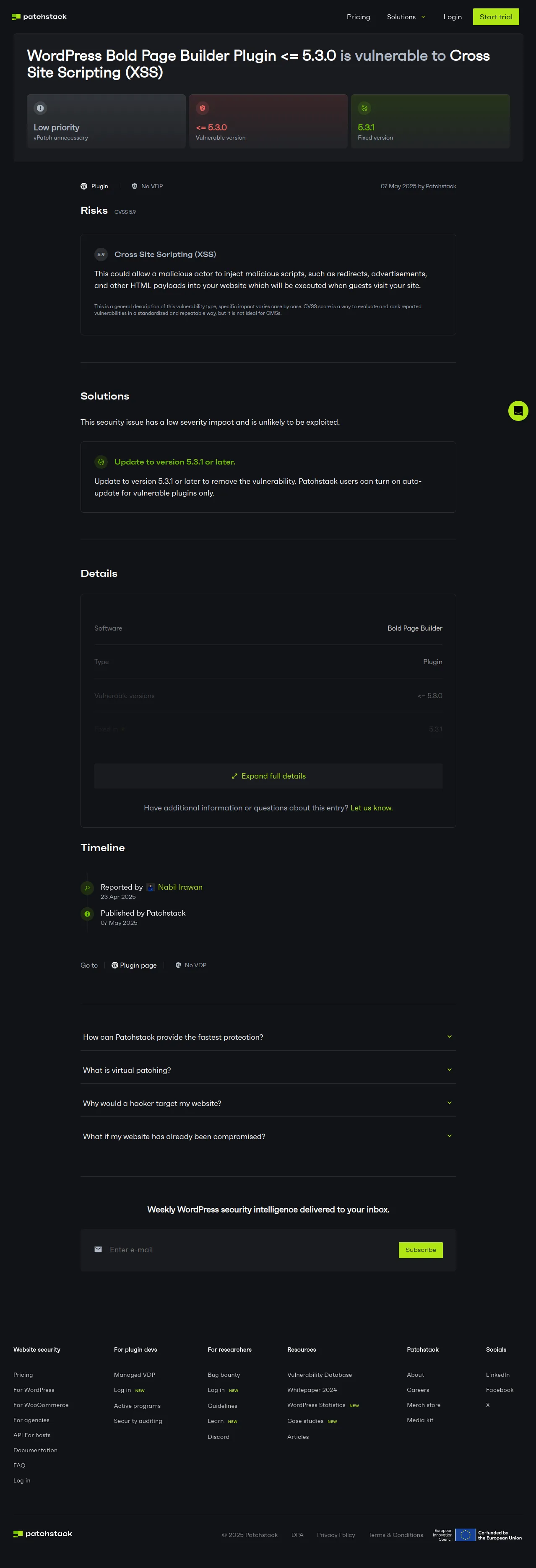 WordPress Bold Page Builder <= 5.3.0 - Cross Site Scripting (XSS) Vulnerability - Patchstack