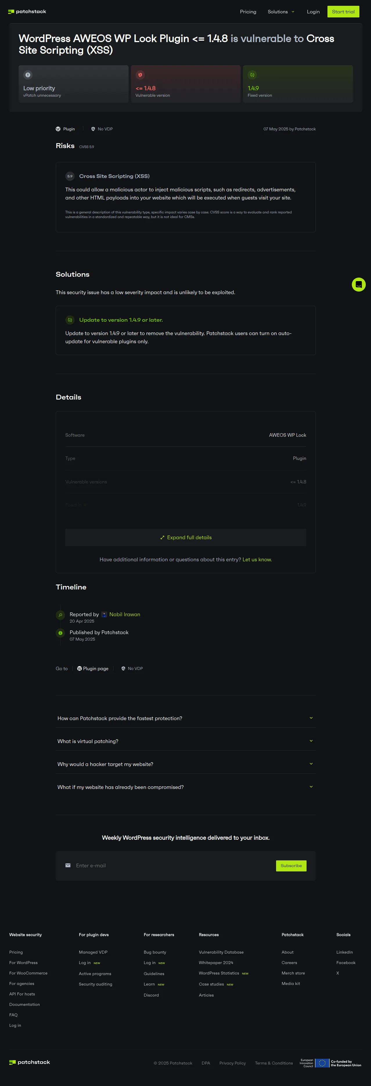 WordPress AWEOS WP Lock <= 1.4.8 - Cross Site Scripting (XSS) Vulnerability - Patchstack