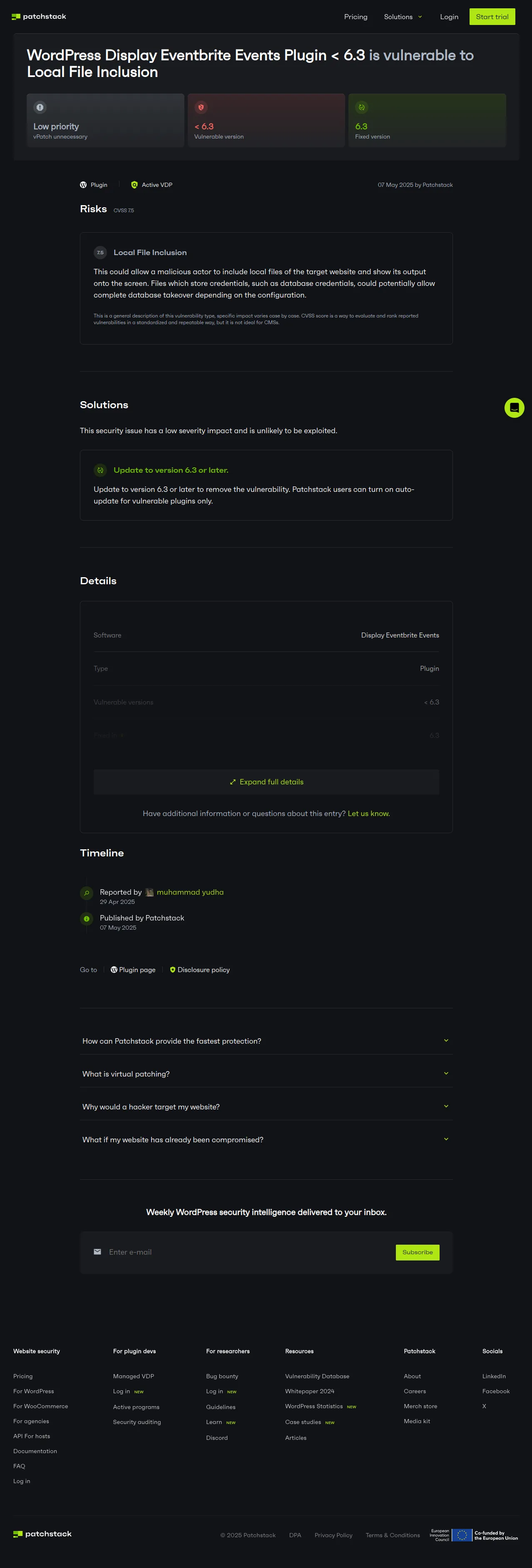 WordPress Display Eventbrite Events < 6.3 - Local File Inclusion Vulnerability - Patchstack