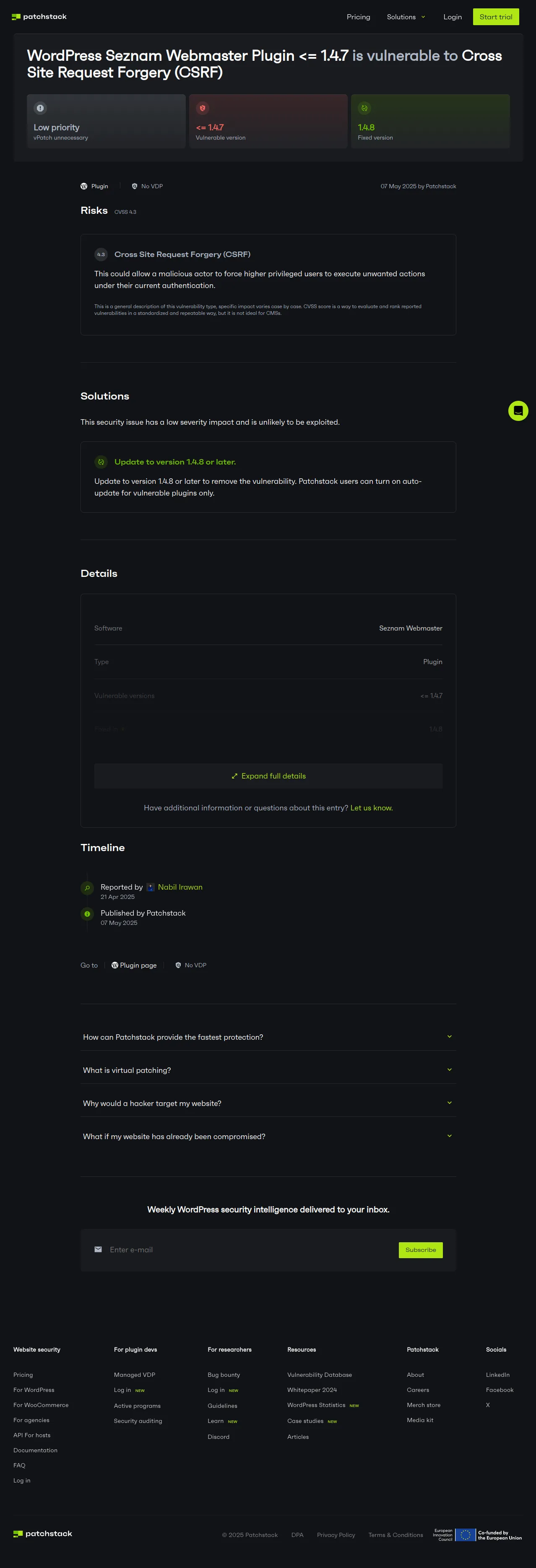 WordPress Seznam Webmaster <= 1.4.7 - Cross Site Request Forgery (CSRF) Vulnerability - Patchstack