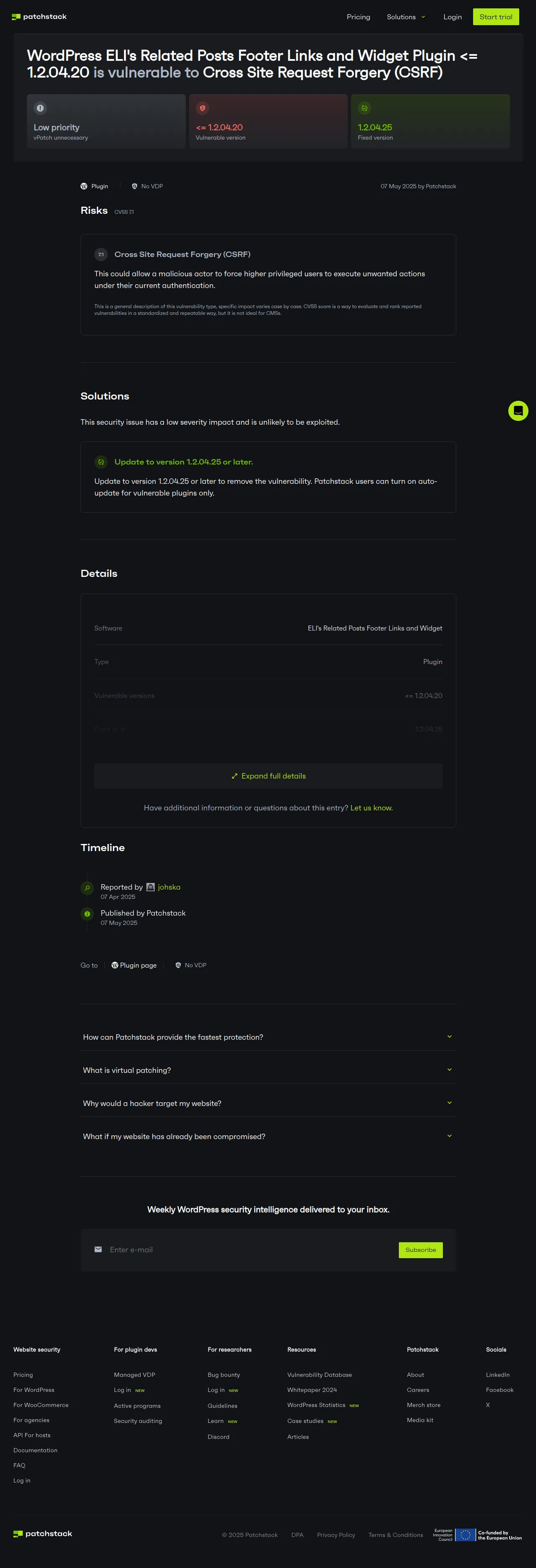 WordPress ELI's Related Posts Footer Links and Widget plugin <= 1.2.04.20 - Cross Site Request Forgery (CSRF) to Stored XSS vulnerability - Patchstack