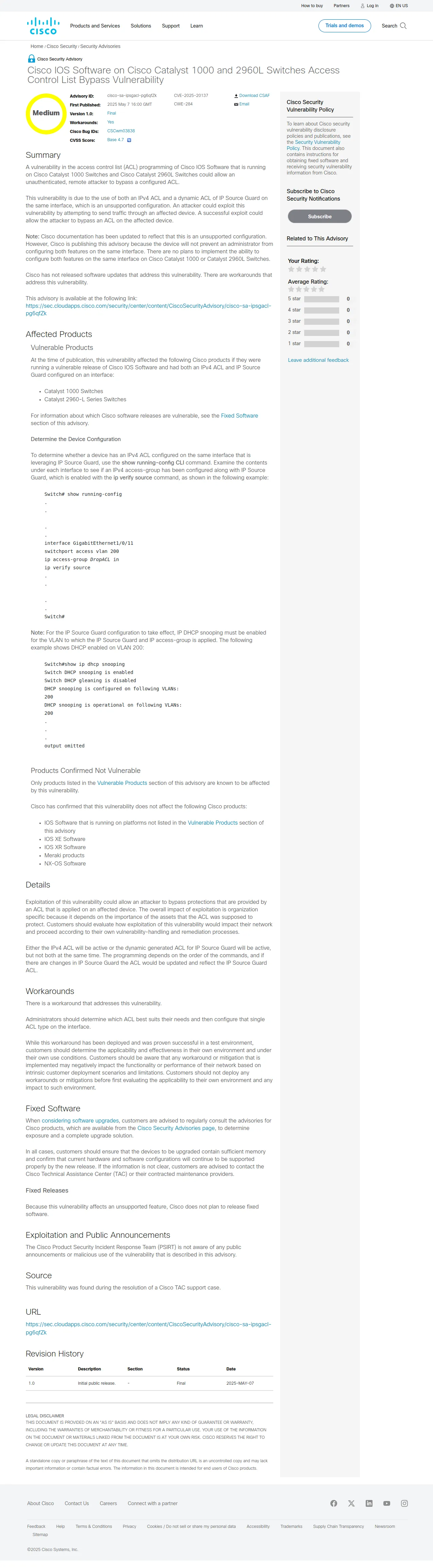 Cisco IOS Software on Cisco Catalyst 1000 and 2960L Switches Access Control List Bypass Vulnerability