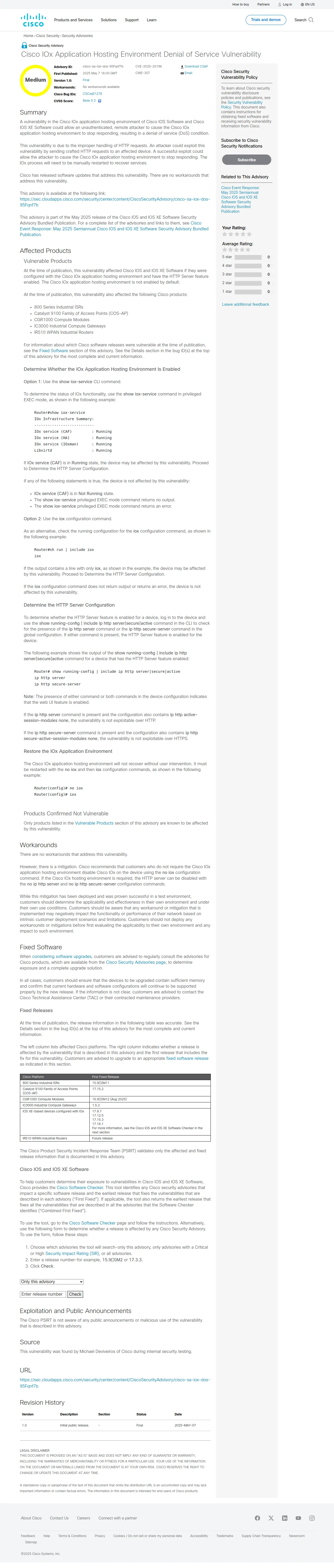 Cisco IOx Application Hosting Environment Denial of Service Vulnerability