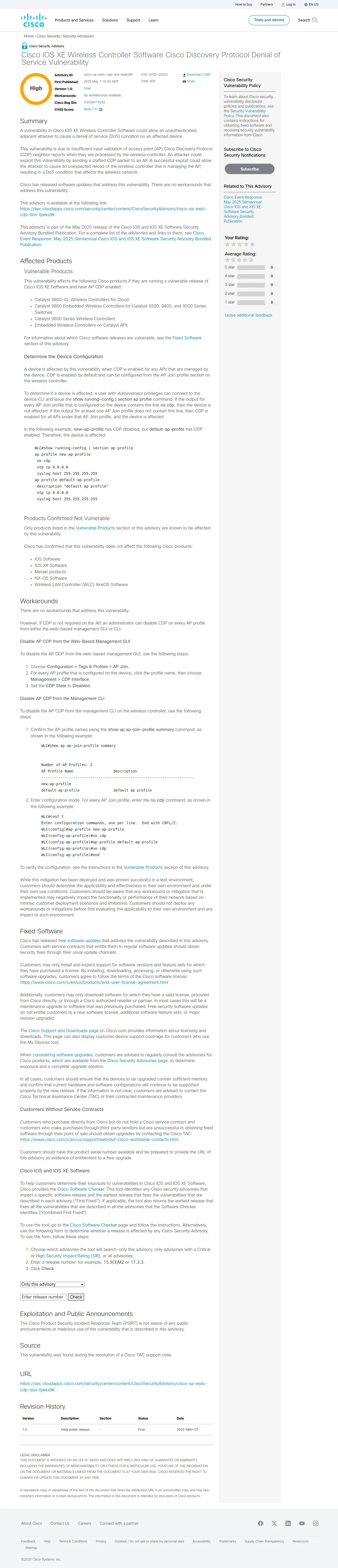 Cisco IOS XE Wireless Controller Software Cisco Discovery Protocol Denial of Service Vulnerability