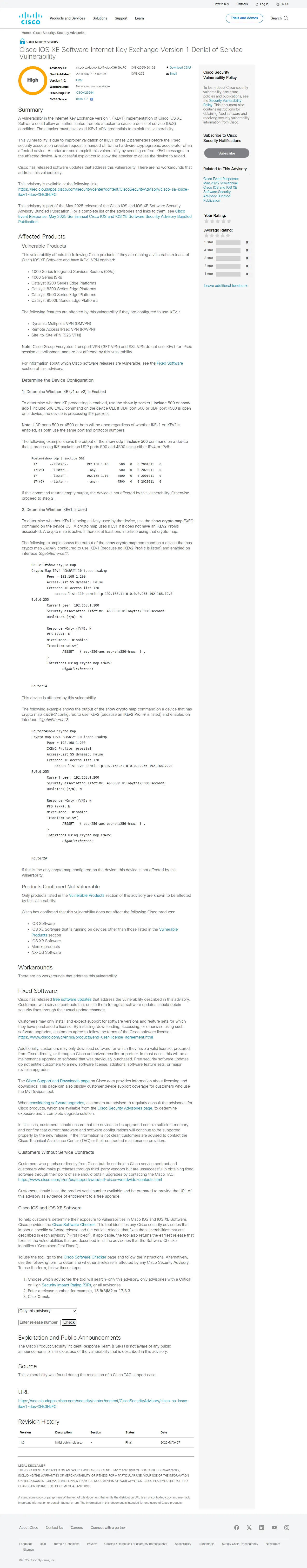 Cisco IOS XE Software Internet Key Exchange Version 1 Denial of Service Vulnerability