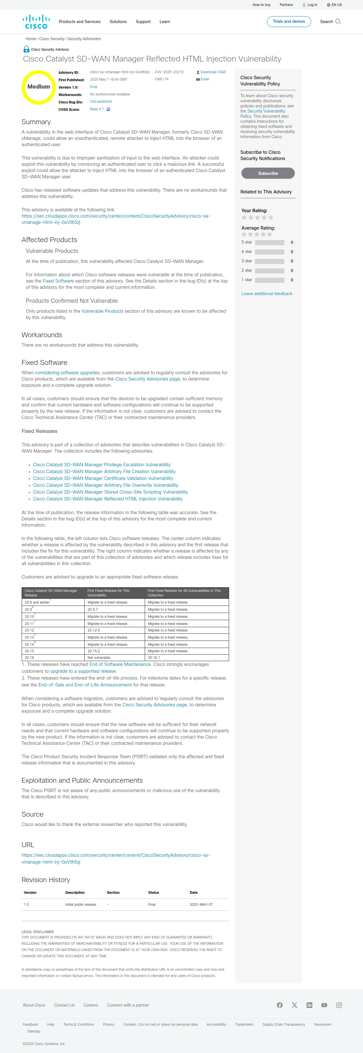 Cisco Catalyst SD-WAN Manager Reflected HTML Injection Vulnerability