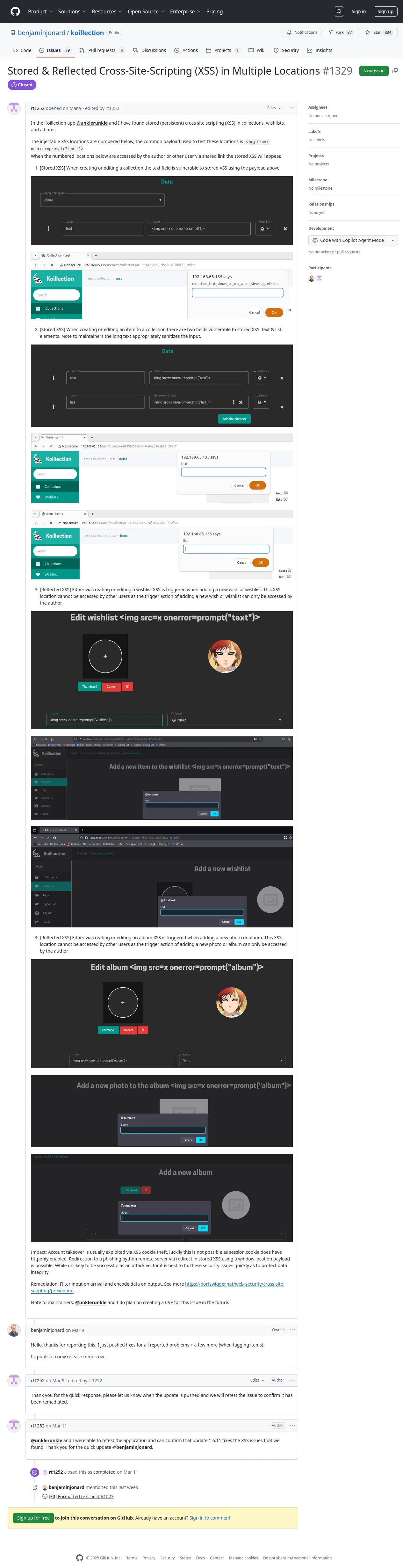 Stored & Reflected Cross-Site-Scripting (XSS) in Multiple Locations · Issue #1329 · benjaminjonard/koillection