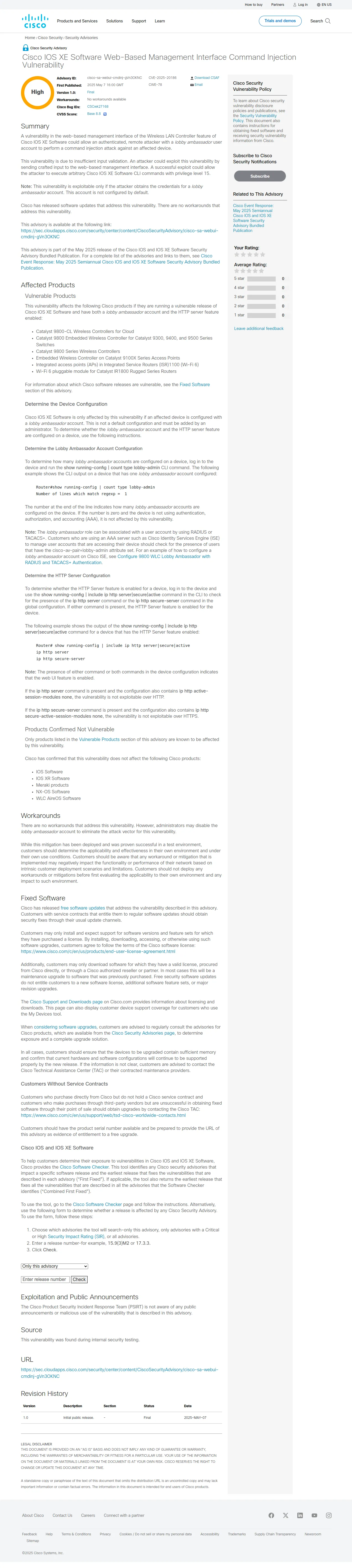 Cisco IOS XE Software Web-Based Management Interface Command Injection Vulnerability