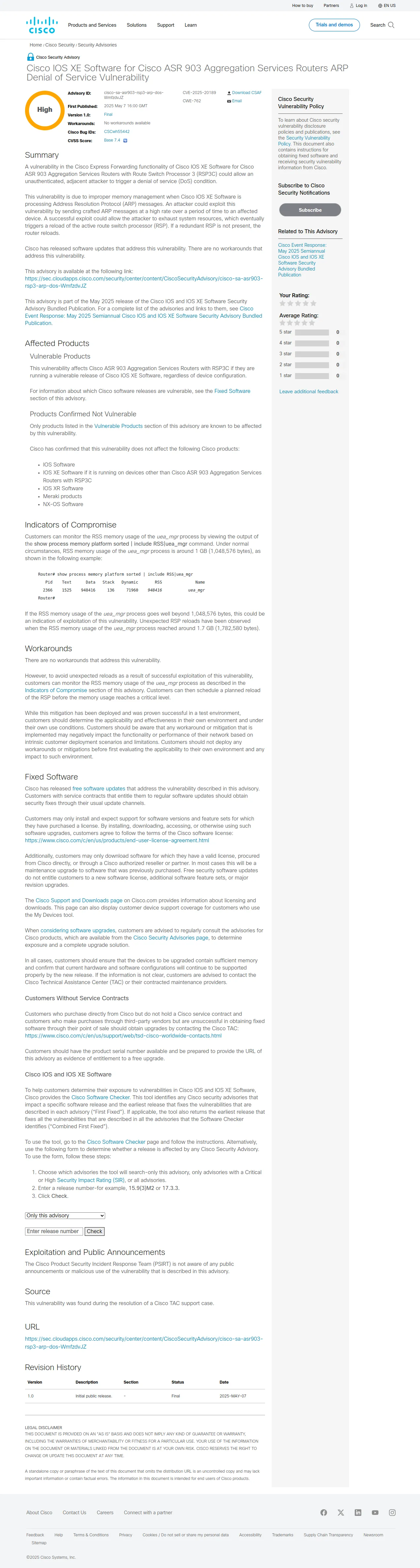 Cisco IOS XE Software for Cisco ASR 903 Aggregation Services Routers ARP Denial of Service Vulnerability