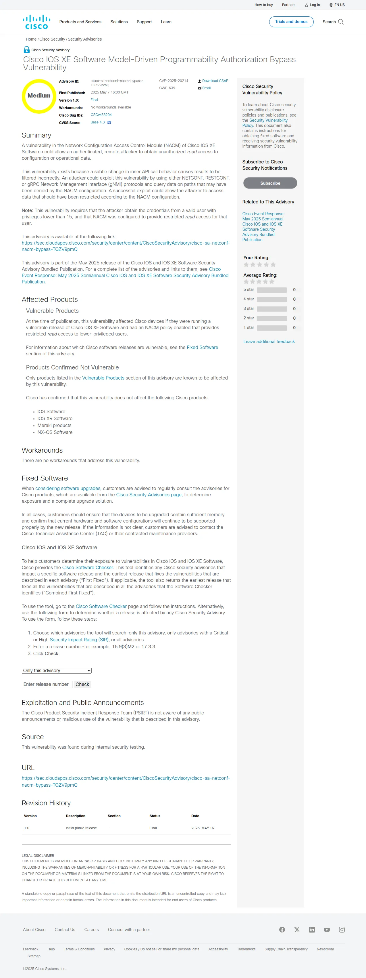 Cisco IOS XE Software Model-Driven Programmability Authorization Bypass Vulnerability