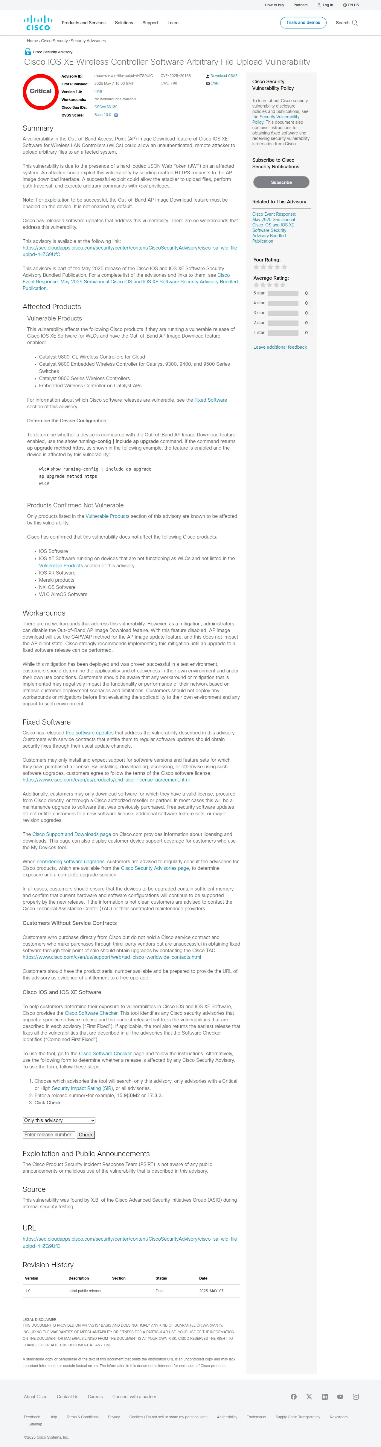 Cisco IOS XE Wireless Controller Software Arbitrary File Upload Vulnerability