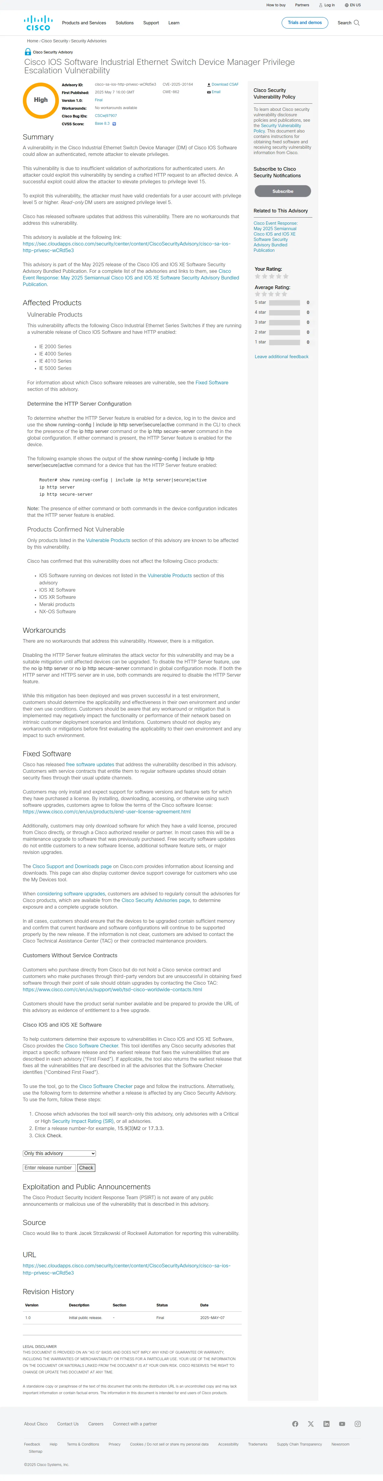 Cisco IOS Software Industrial Ethernet Switch Device Manager Privilege Escalation Vulnerability