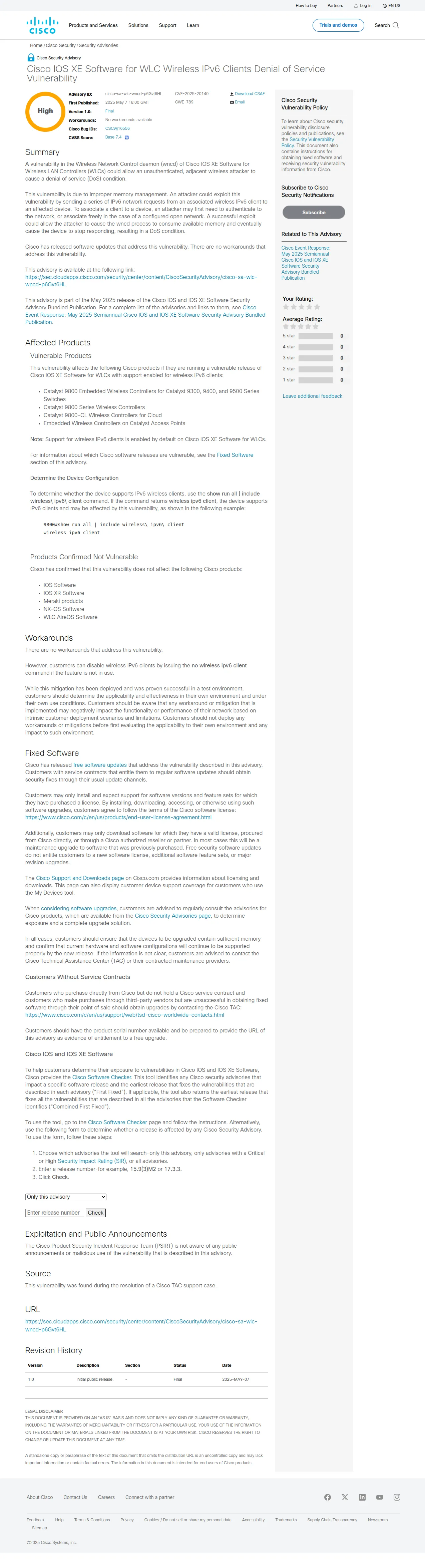 Cisco IOS XE Software for WLC Wireless IPv6 Clients Denial of Service Vulnerability