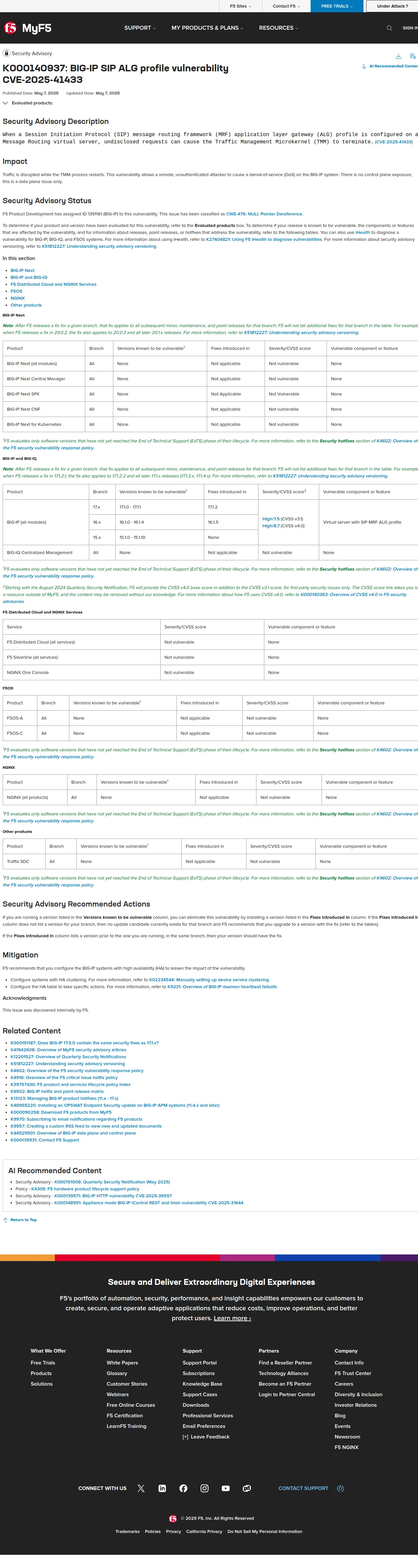 BIG-IP SIP ALG profile vulnerability CVE-2025-41433