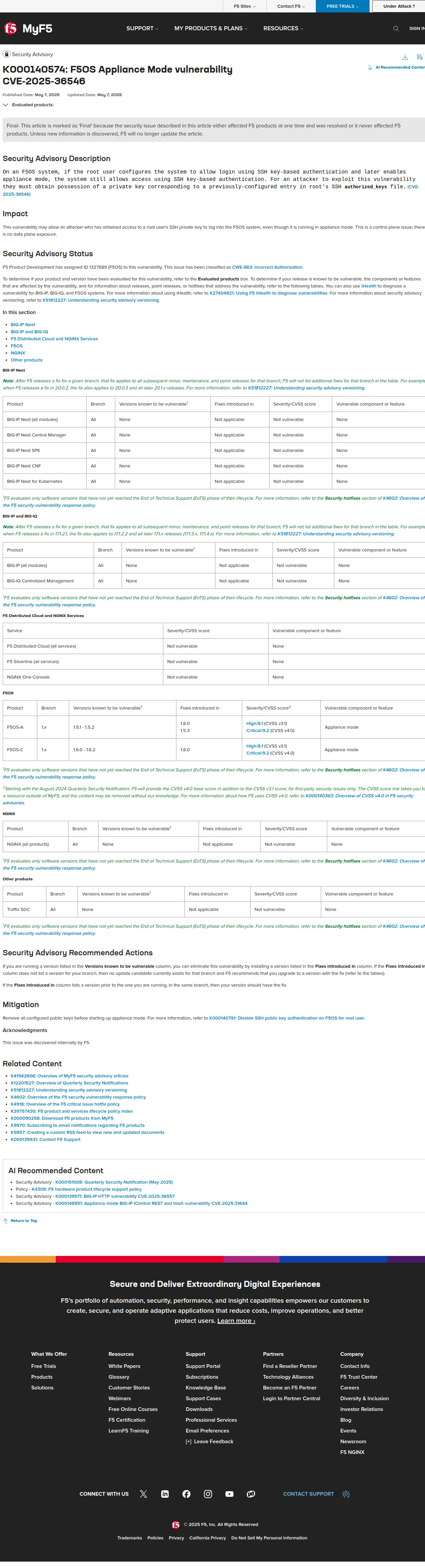 F5OS Appliance Mode vulnerability CVE-2025-36546