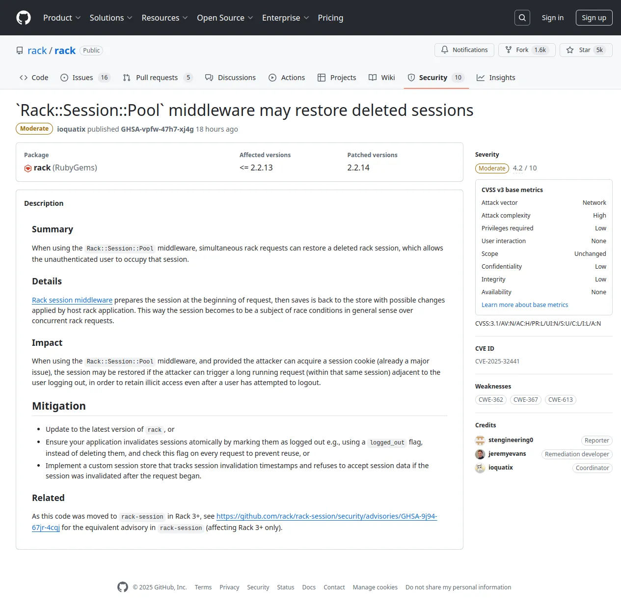 `Rack::Session::Pool` middleware may restore deleted sessions · Advisory · rack/rack · GitHub