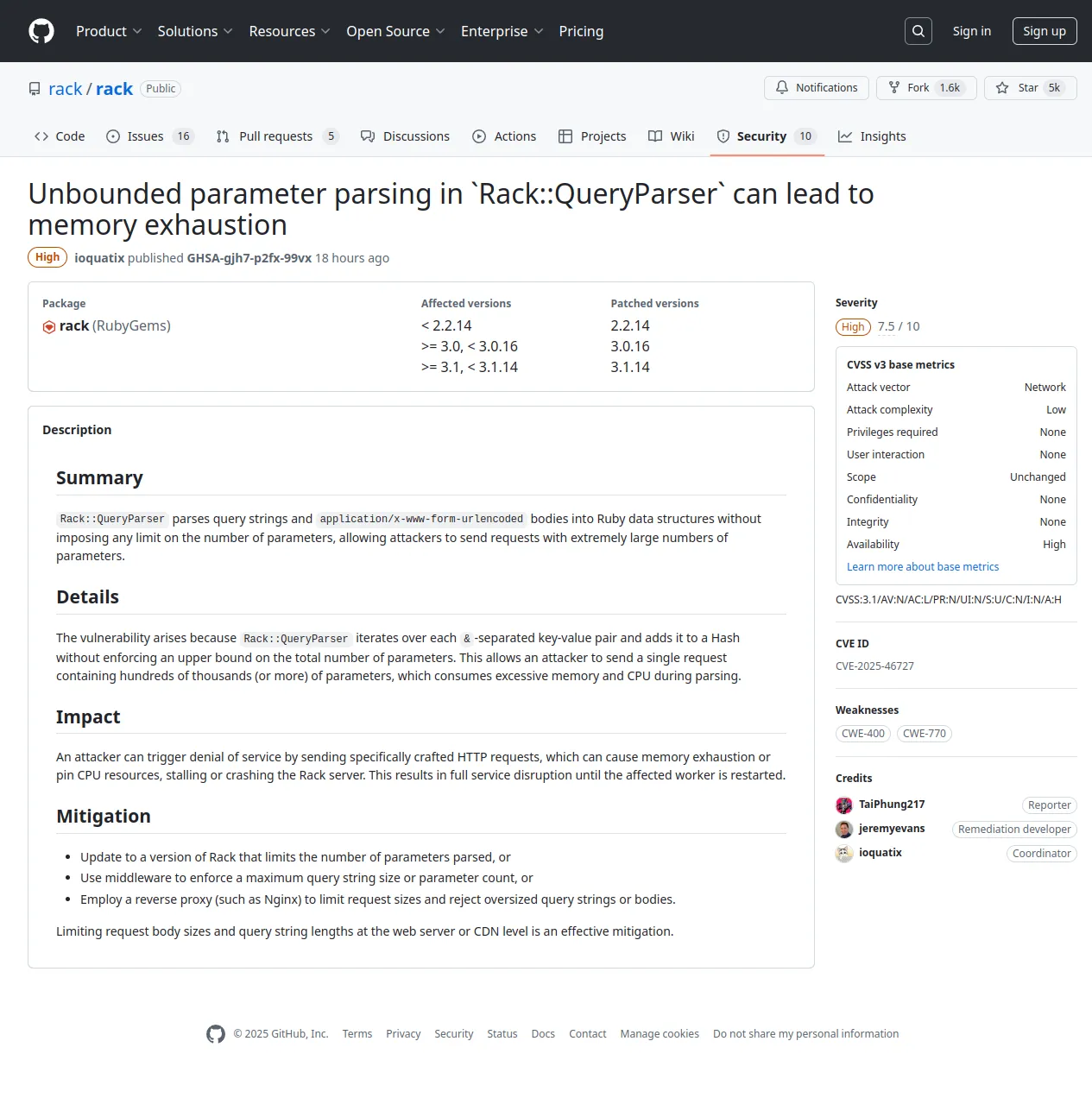 Unbounded parameter parsing in `Rack::QueryParser` can lead to memory exhaustion · Advisory · rack/rack · GitHub