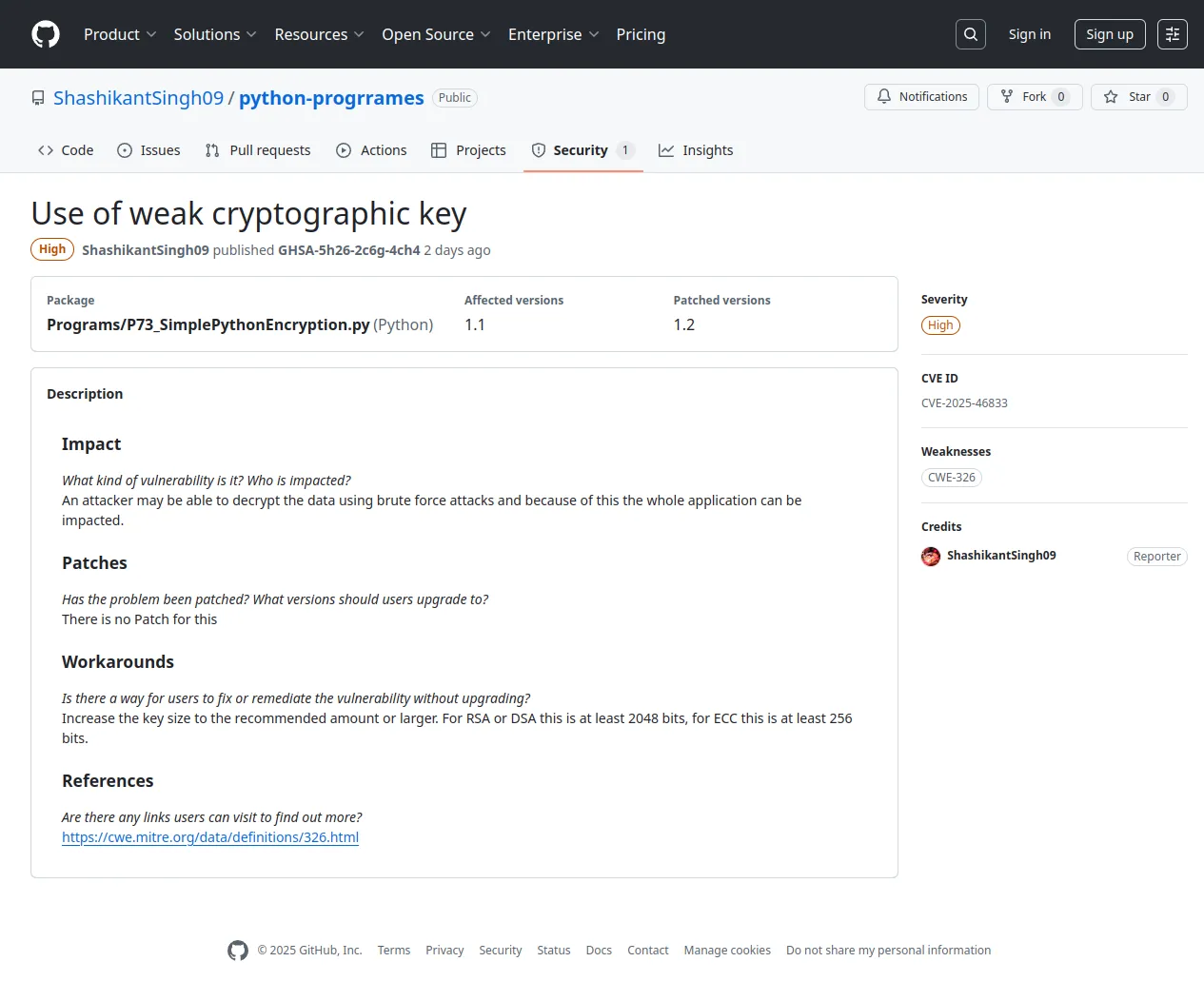 Use of weak cryptographic key · Advisory · ShashikantSingh09/python-progrrames · GitHub