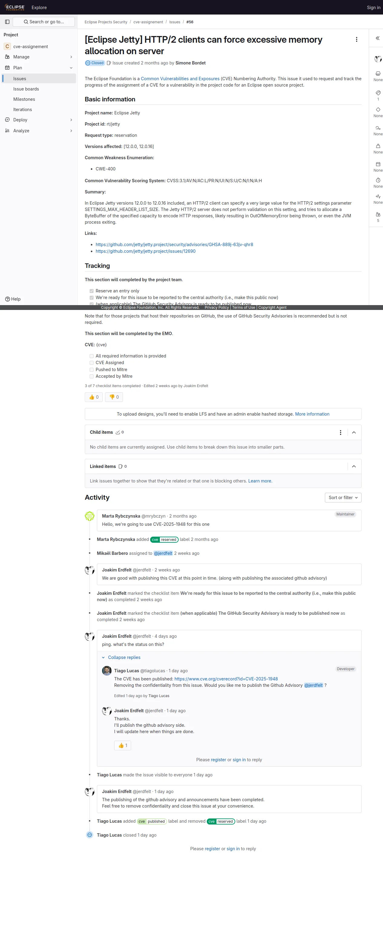 [Eclipse Jetty] HTTP/2 clients can force excessive memory allocation on server (#56) · Issues · Eclipse Projects Security / cve-assignement · GitLab