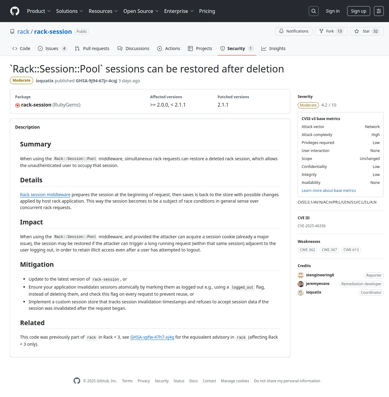 `Rack::Session::Pool` sessions can be restored after deletion · Advisory · rack/rack-session · GitHub