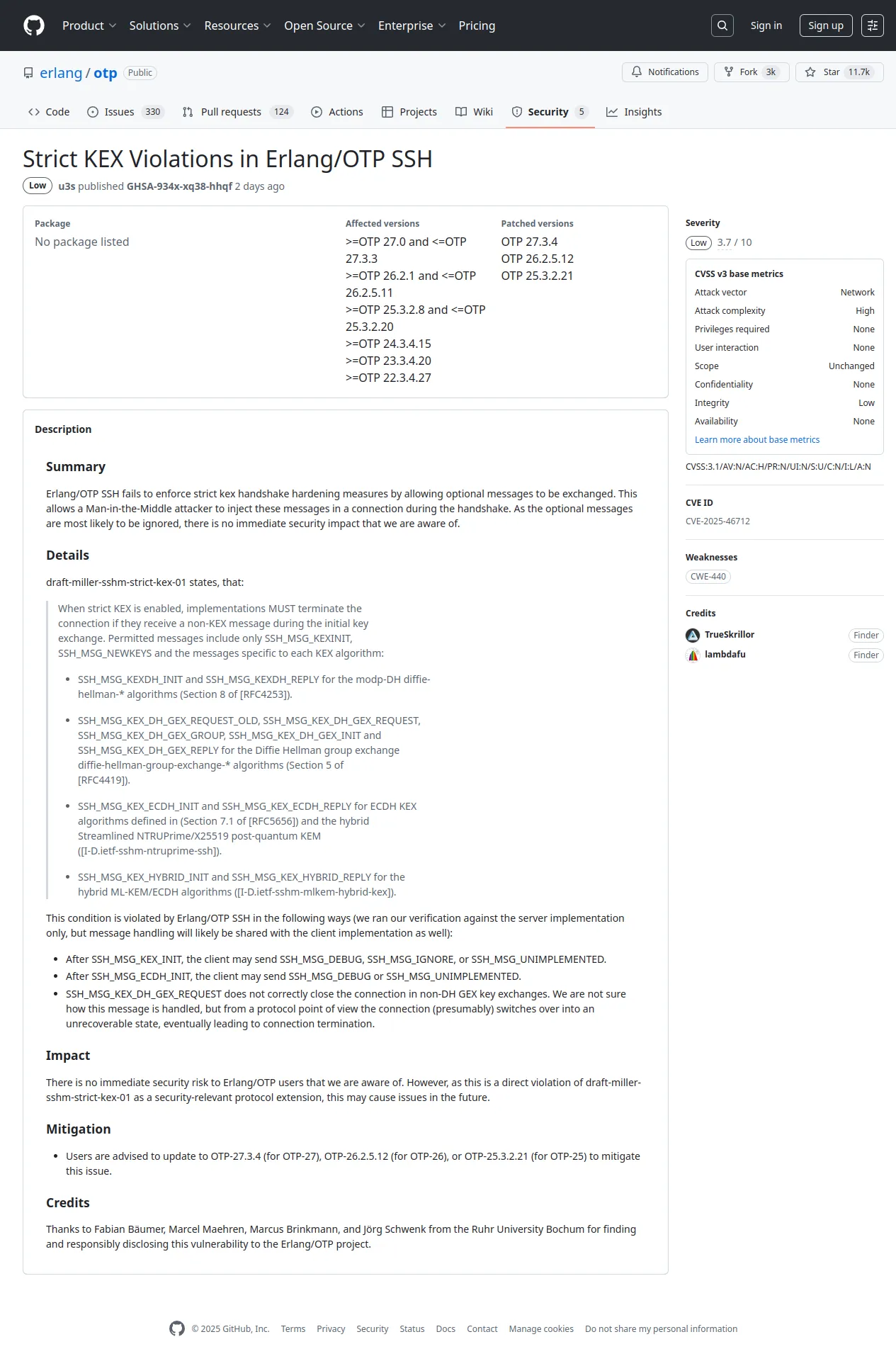 Strict KEX Violations in Erlang/OTP SSH · Advisory · erlang/otp · GitHub
