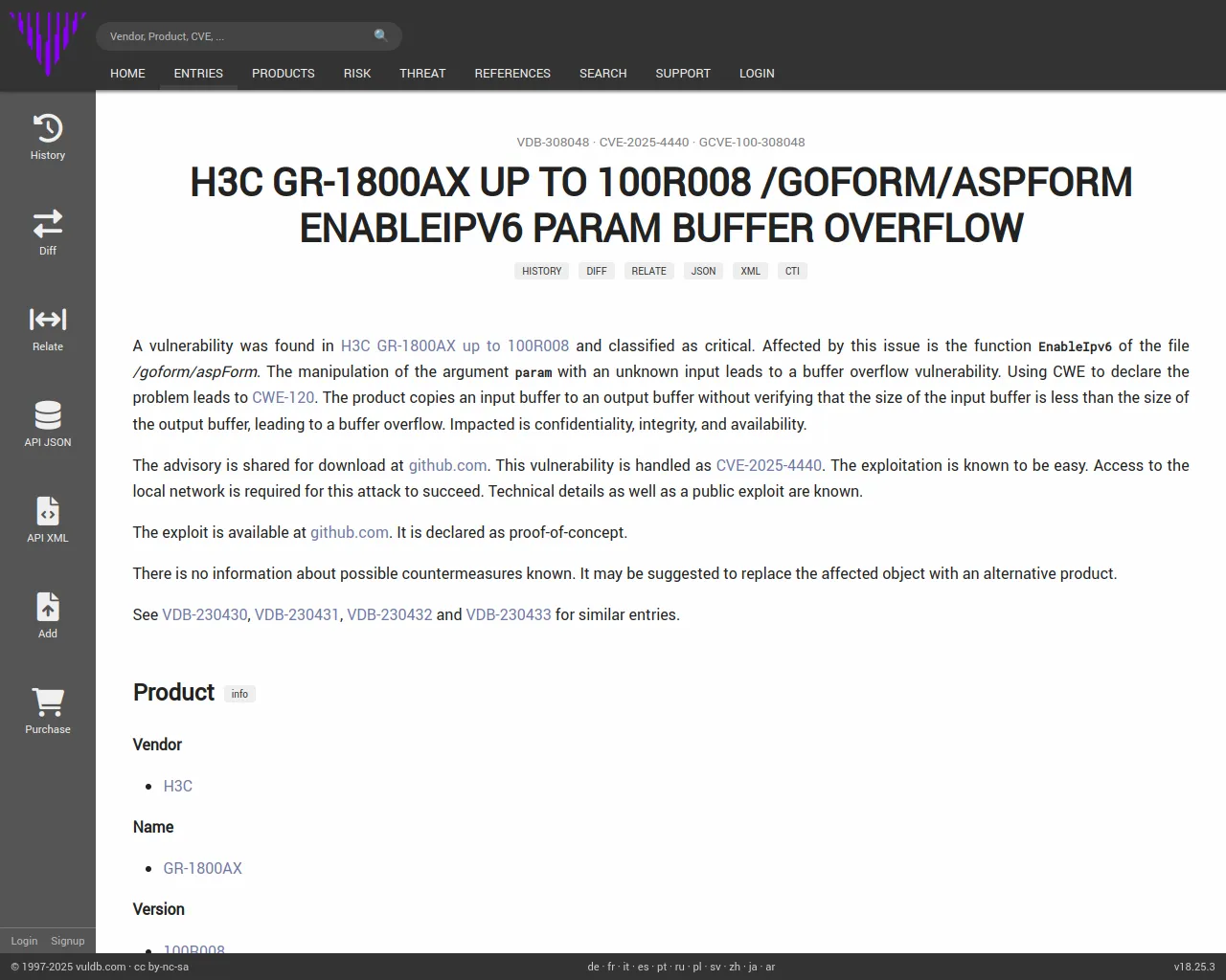 CVE-2025-4440 H3C GR-1800AX aspForm EnableIpv6 buffer overflow