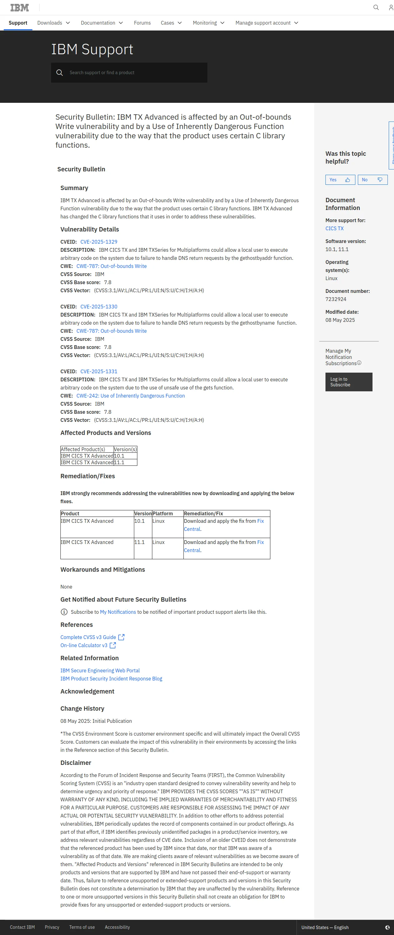 Security Bulletin: IBM TX Advanced is affected by an Out-of-bounds Write vulnerability and by a Use of Inherently Dangerous Function vulnerability due to the way that the product uses certain C library functions.