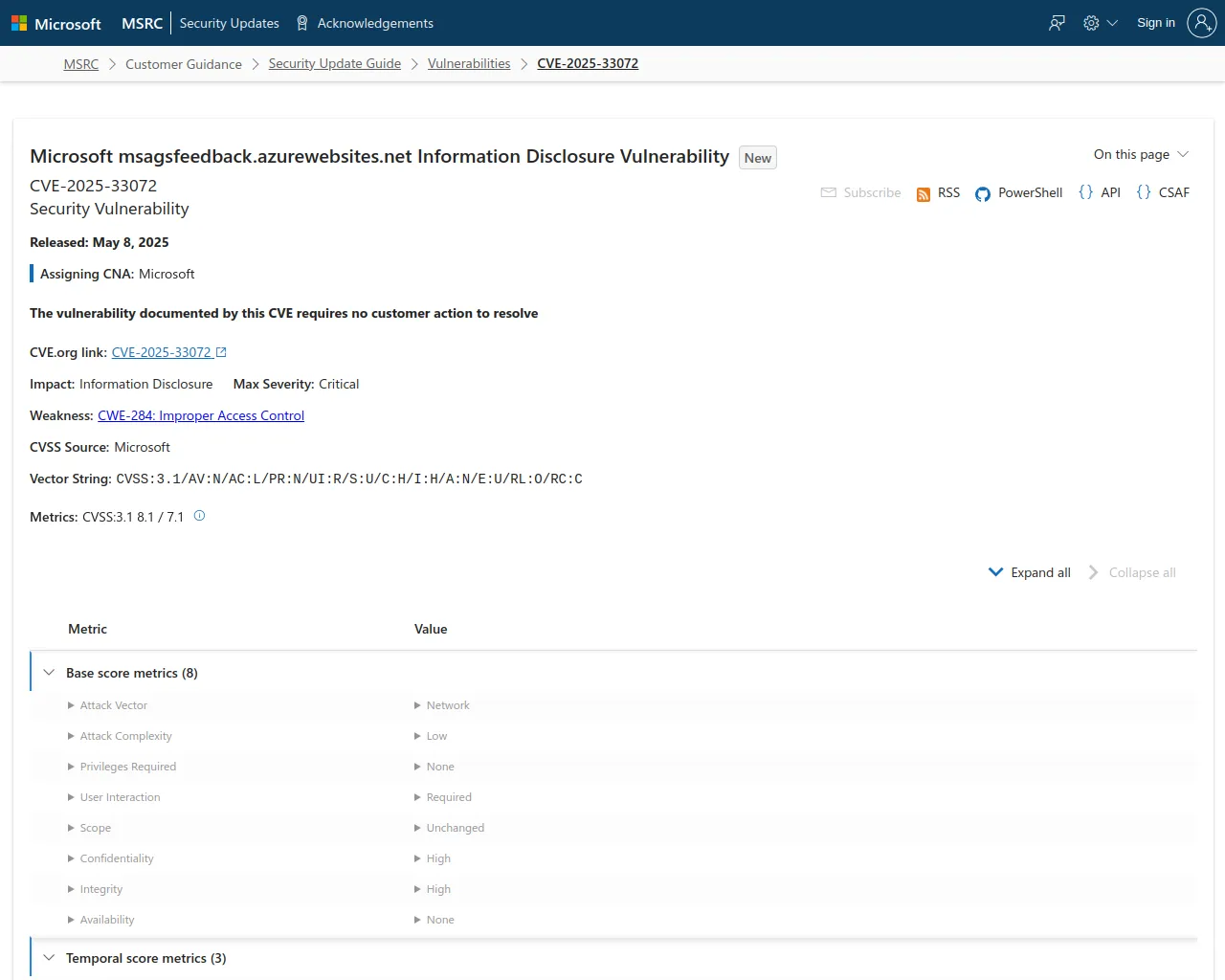 CVE-2025-33072 - Security Update Guide - Microsoft - Microsoft msagsfeedback.azurewebsites.net Information Disclosure Vulnerability