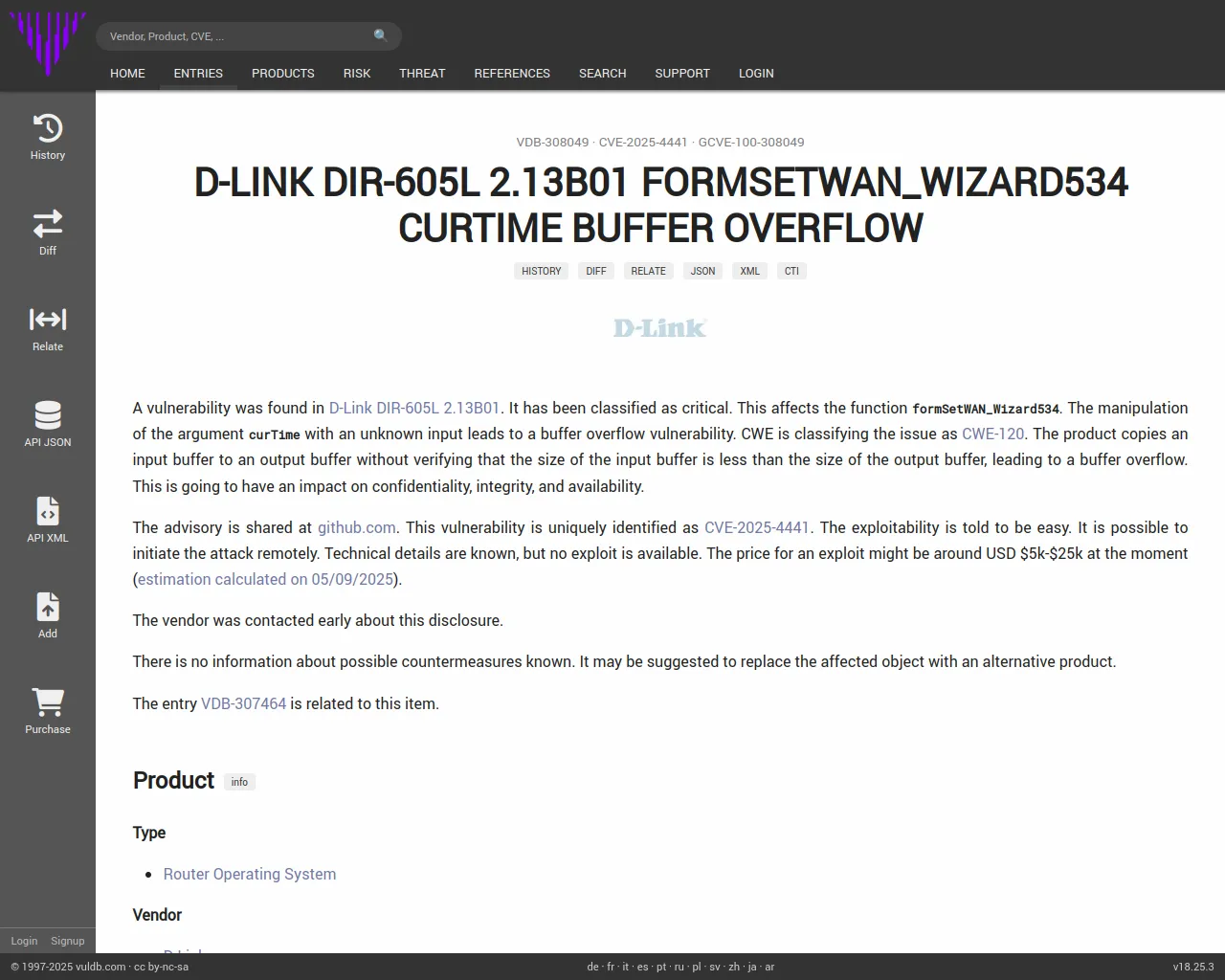 CVE-2025-4441 D-Link DIR-605L formSetWAN_Wizard534 buffer overflow