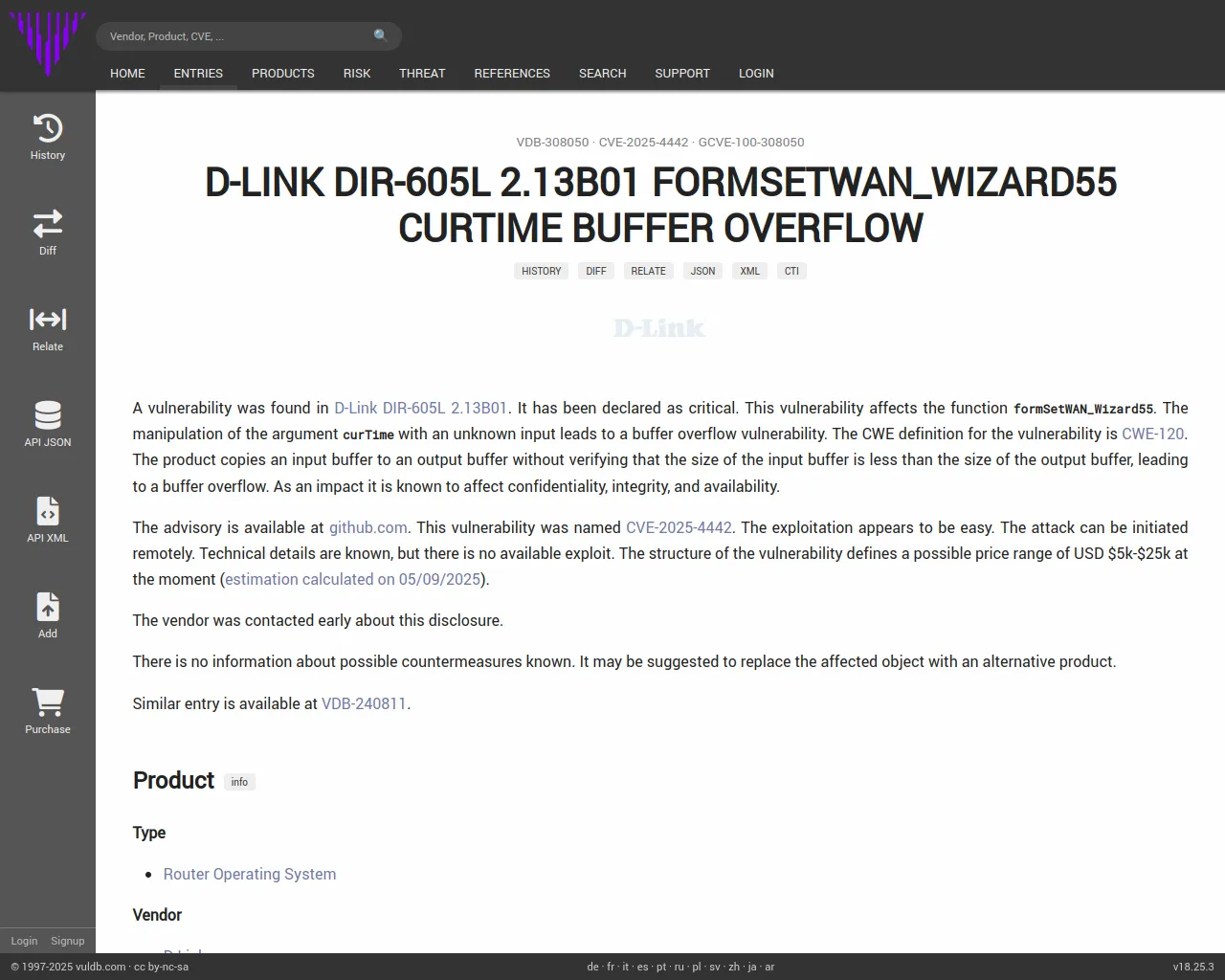 CVE-2025-4442 D-Link DIR-605L formSetWAN_Wizard55 buffer overflow