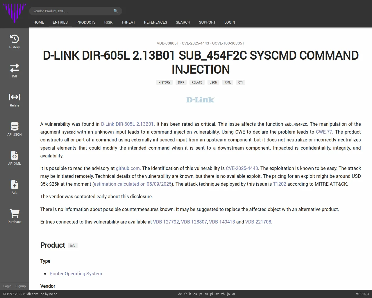 CVE-2025-4443 D-Link DIR-605L sub_454F2C command injection