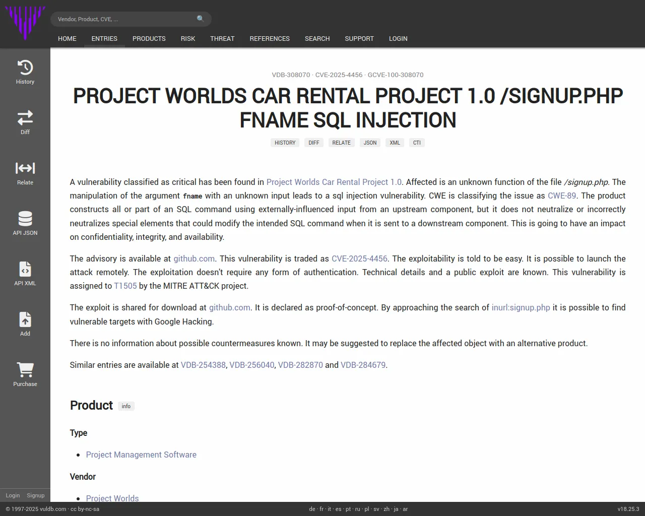 CVE-2025-4456 Project Worlds Car Rental Project signup.php sql injection