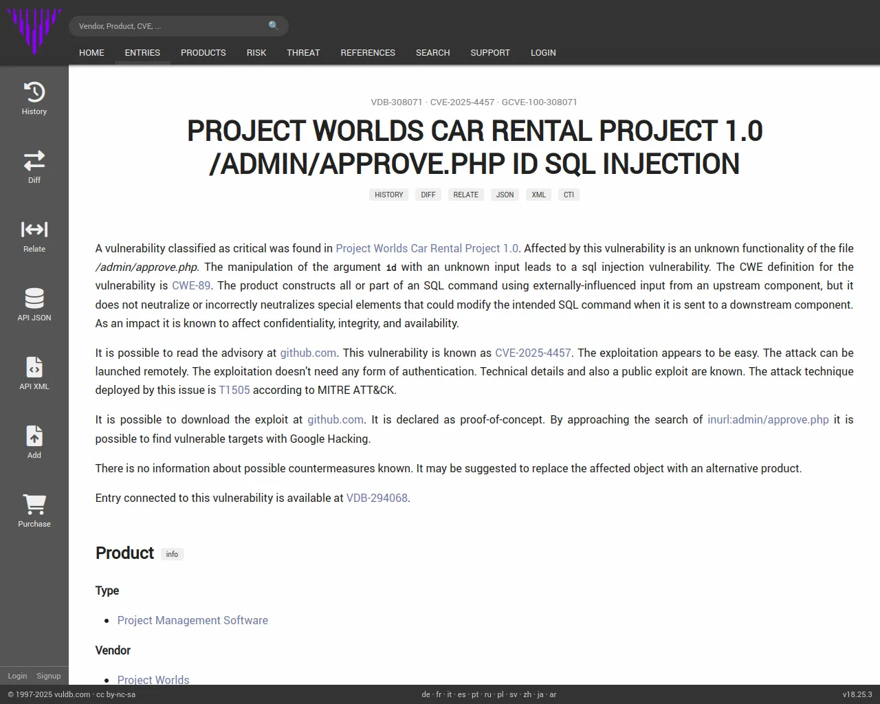 CVE-2025-4457 Project Worlds Car Rental Project approve.php sql injection