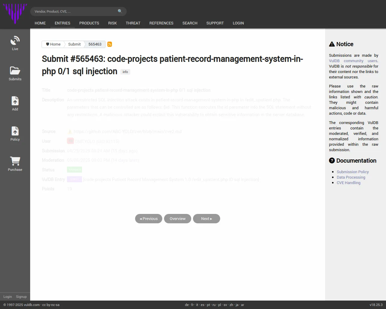 Submit #565463: code-projects patient-record-management-system-in-php 0/1 sql injection
