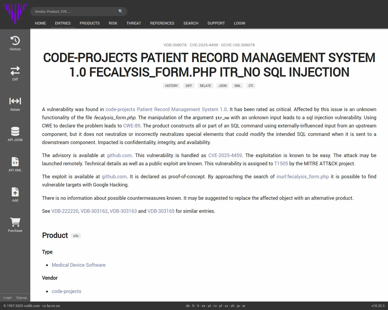 CVE-2025-4459 code-projects Patient Record Management System fecalysis_form.php sql injection