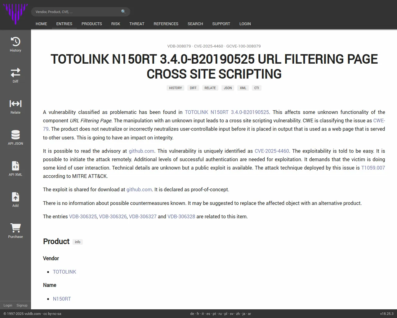 CVE-2025-4460 TOTOLINK N150RT URL Filtering Page cross site scripting