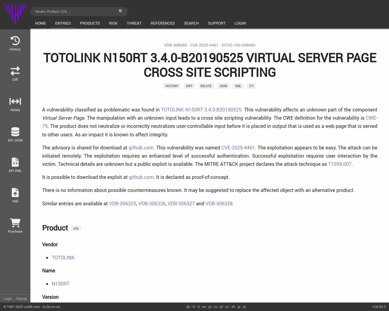CVE-2025-4461 TOTOLINK N150RT Virtual Server Page cross site scripting