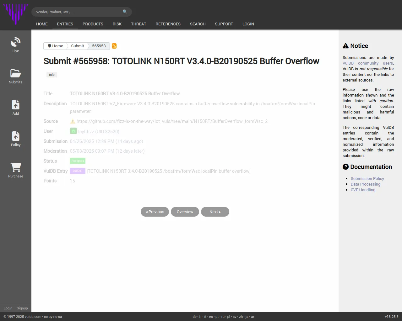 Submit #565958: TOTOLINK N150RT V3.4.0-B20190525 Buffer Overflow