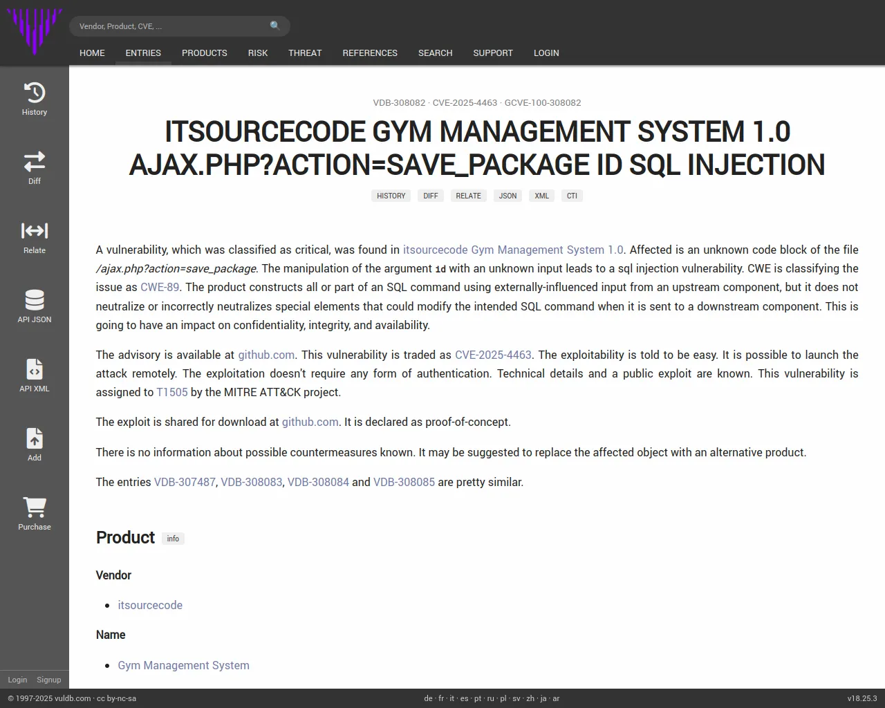 CVE-2025-4463 itsourcecode Gym Management System ajax.php sql injection
