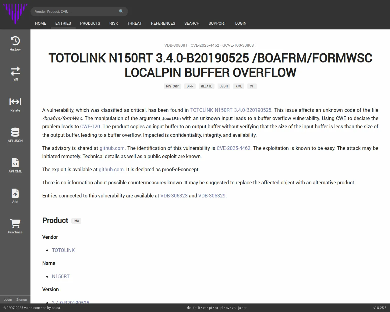 CVE-2025-4462 TOTOLINK N150RT formWsc buffer overflow