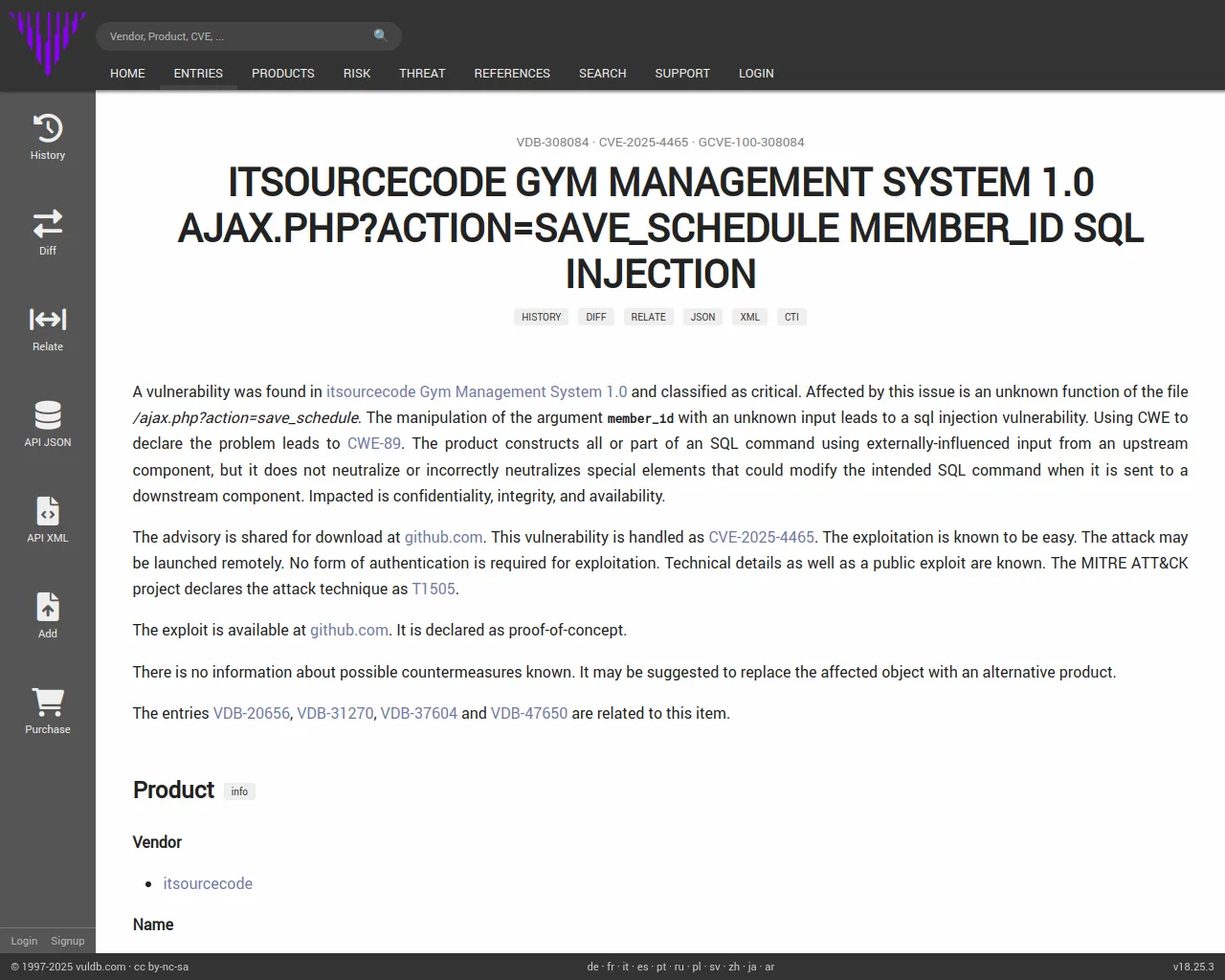CVE-2025-4465 itsourcecode Gym Management System ajax.php sql injection