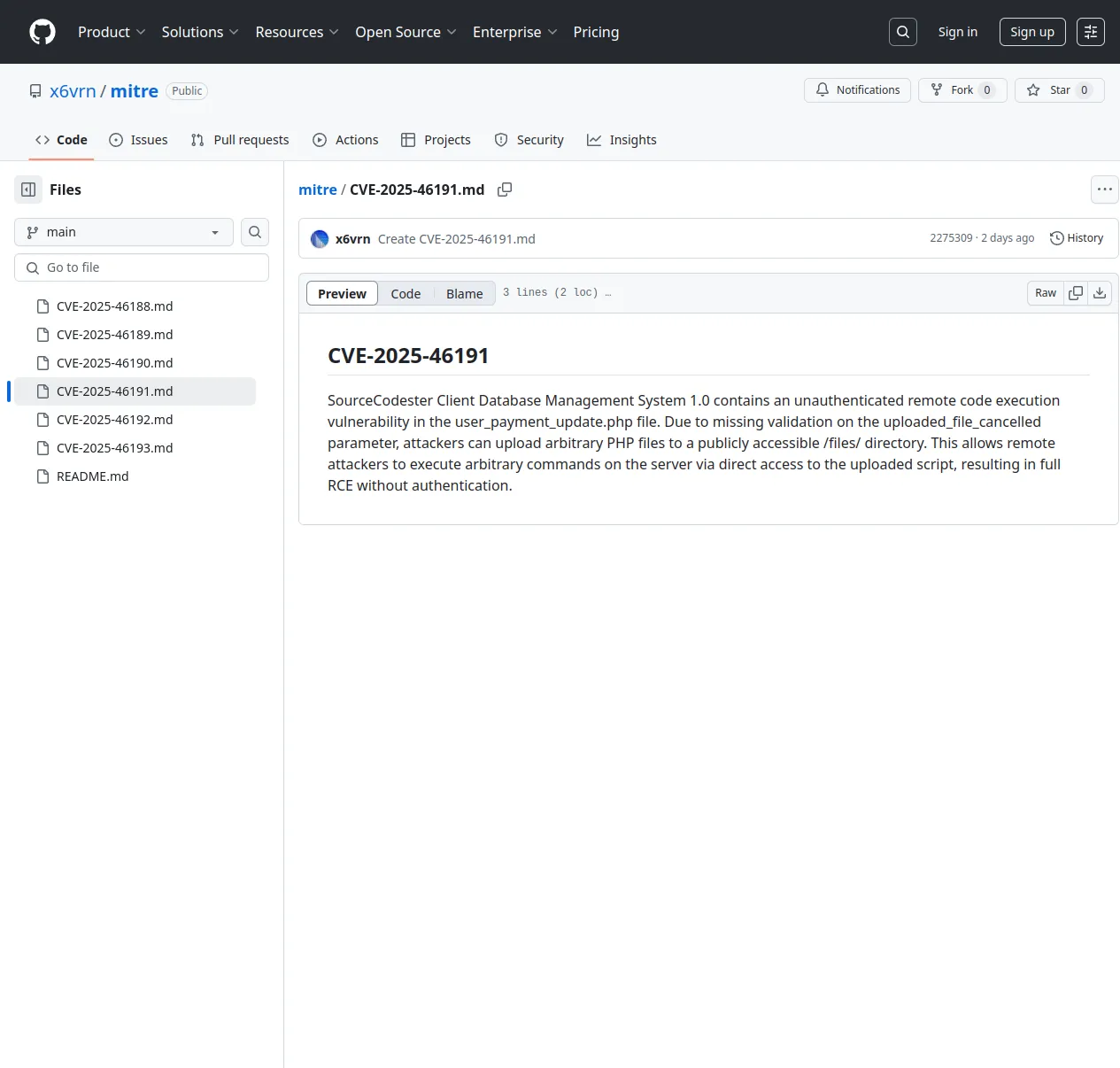 mitre/CVE-2025-46191.md at main · x6vrn/mitre · GitHub