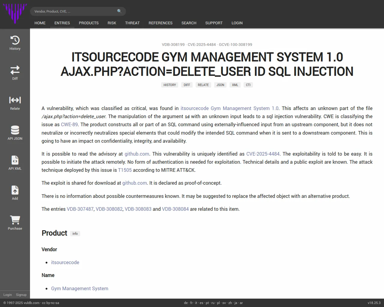 CVE-2025-4484 itsourcecode Gym Management System ajax.php sql injection